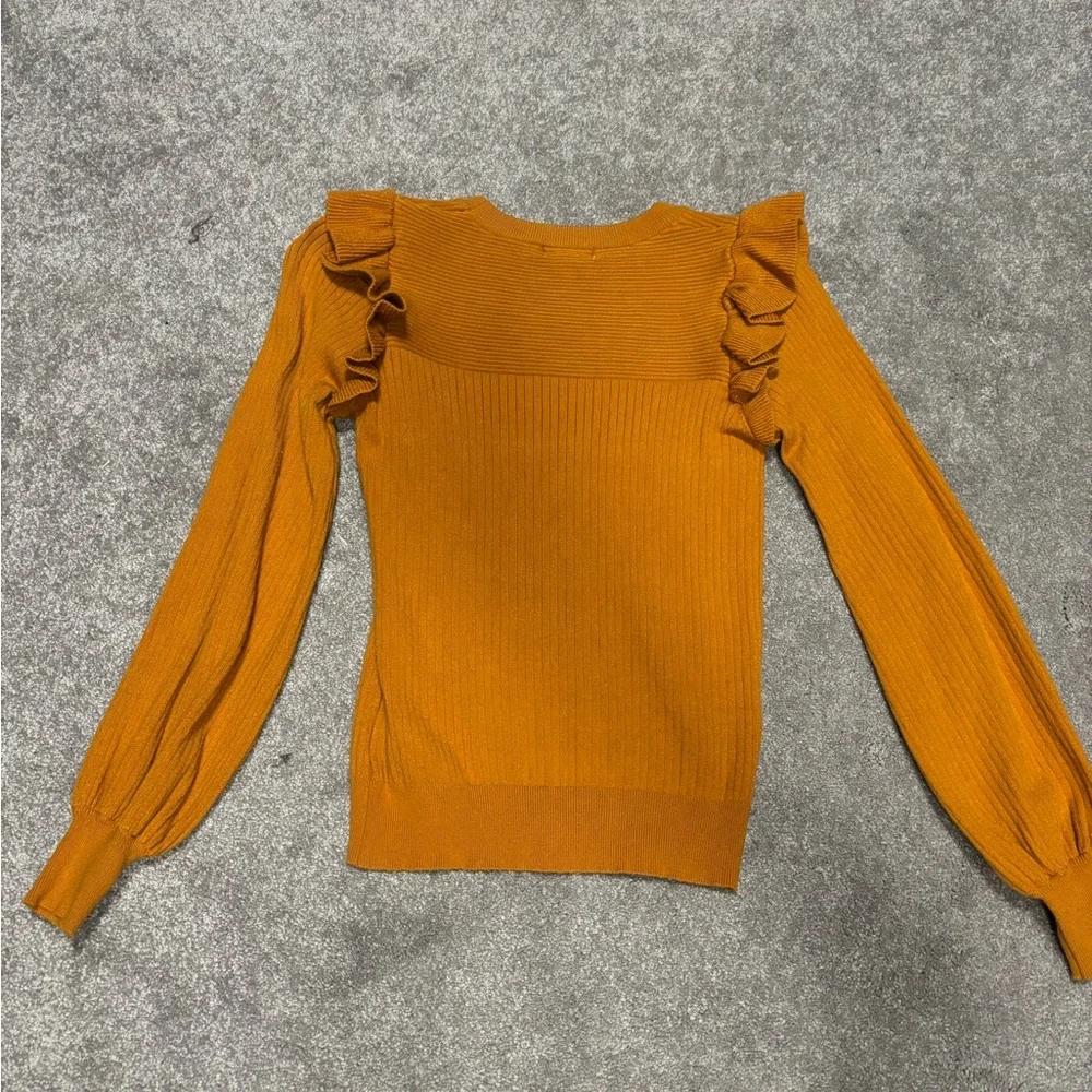 Rust Ruffle-Shoulder Ribbed Sweater Top – Women’s - Picture 2 of 4